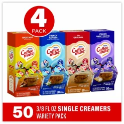 Coffee mate Liquid Coffee Creamer, French Vanilla/Hazelnut/Italian Sweet Creme/Original, 0.38 oz Mini Cups, 200/Carton