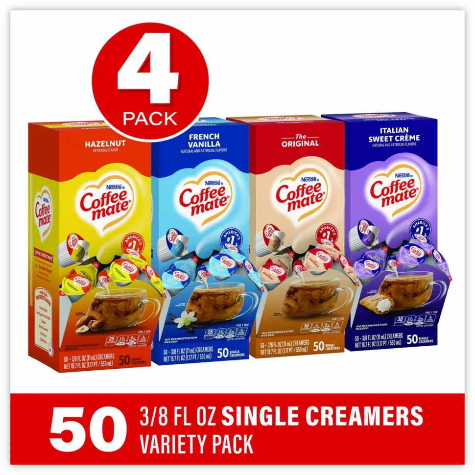 Coffee mate Liquid Coffee Creamer, French Vanilla/Hazelnut/Italian Sweet Creme/Original, 0.38 oz Mini Cups, 200/Carton