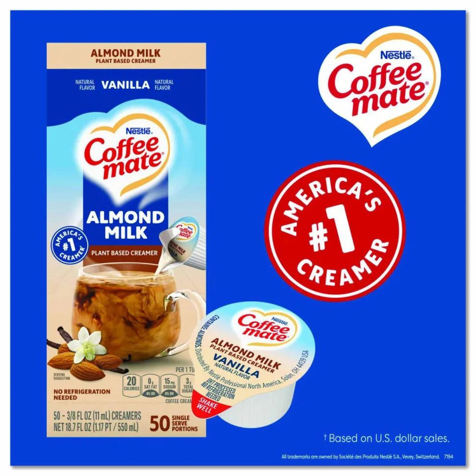 Coffee mate Plant-Based Almond Milk Non-Dairy Liquid Creamer Singles, Natural Vanilla, 0.38 oz Mini Cups, 50/Box