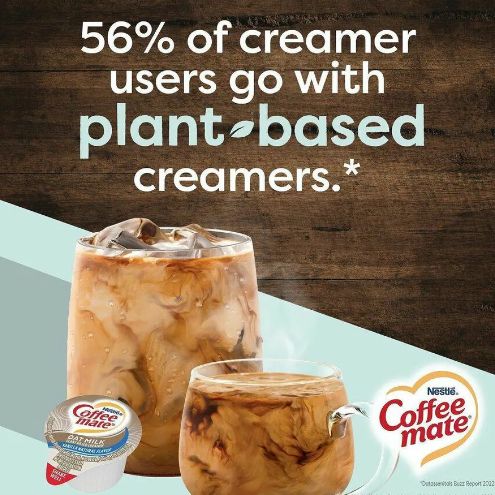 Coffee mate Plant-Based Oat Milk Liquid Creamers, Natural Vanilla, 0.38 oz Mini Cups, 50/Box, 4 Boxes/Carton