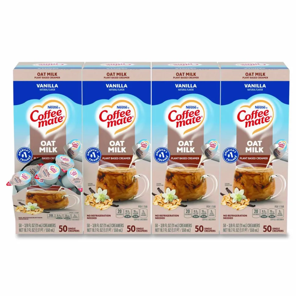 Coffee mate Plant-Based Oat Milk Liquid Creamers, Natural Vanilla, 0.38 oz Mini Cups, 50/Box, 4 Boxes/Carton