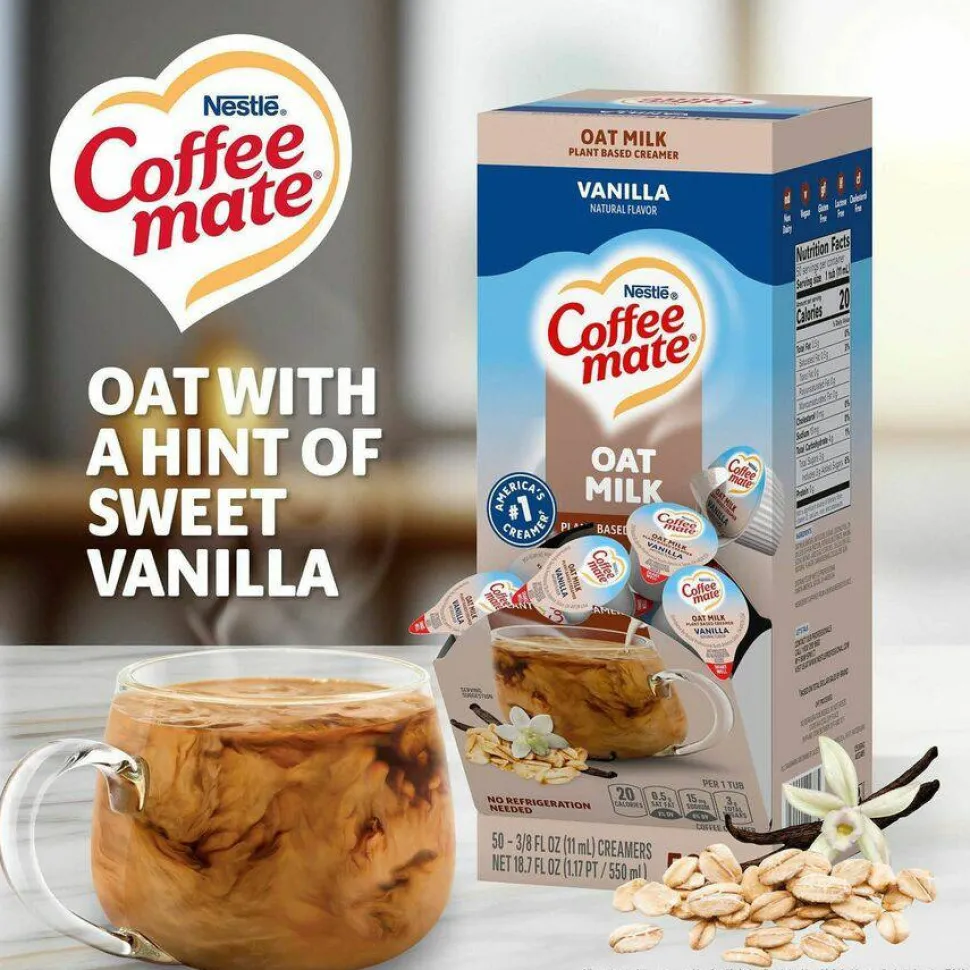 Coffee mate Plant-Based Oat Milk Liquid Creamers, Natural Vanilla, 0.38 oz Mini Cups, 50/Box, 4 Boxes/Carton