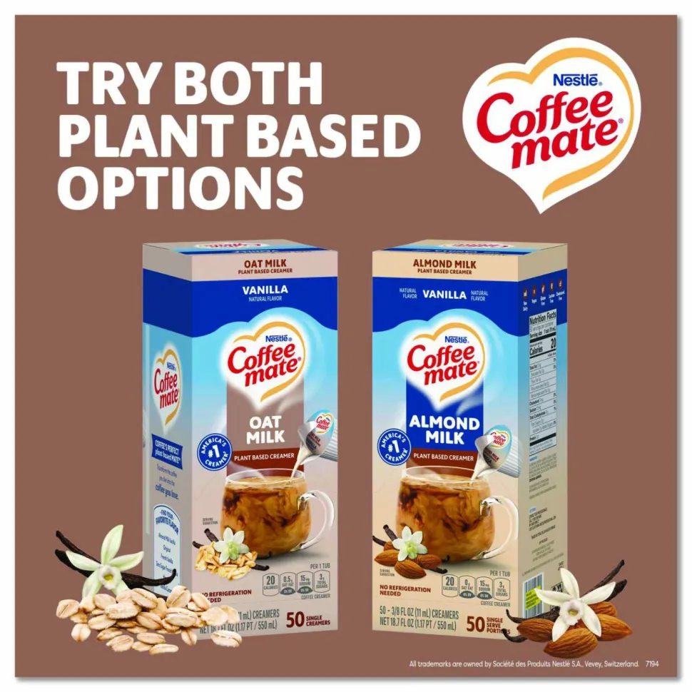 Coffee mate Plant-Based Oat Milk Liquid Creamers, Natural Vanilla, 0.38 oz Mini Cups, 50/Box