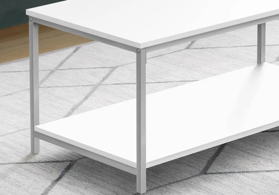 Coffee Table, Accent, Cocktail, Rectangular, Living Room, 40"L, White Laminate, Grey Metal, Contemporary, Modern
