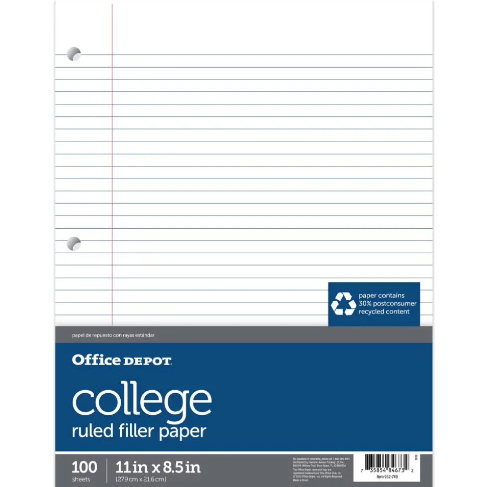 College-Ruled Notebook Filler Paper, 3-Hole Punched, 11" x 8 1/2", 100 Sheets