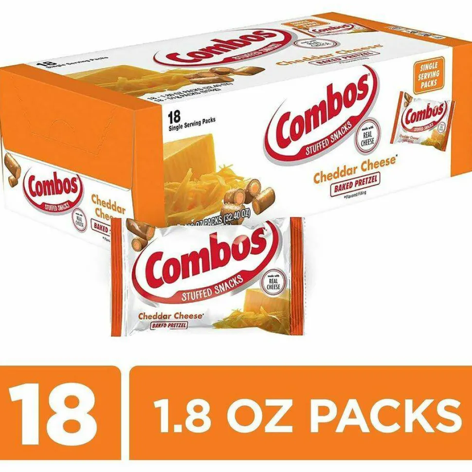 Combos Baked Snacks, 1.8 oz Bag, Cheddar Cheese Pretzel, 18 Bags/Carton