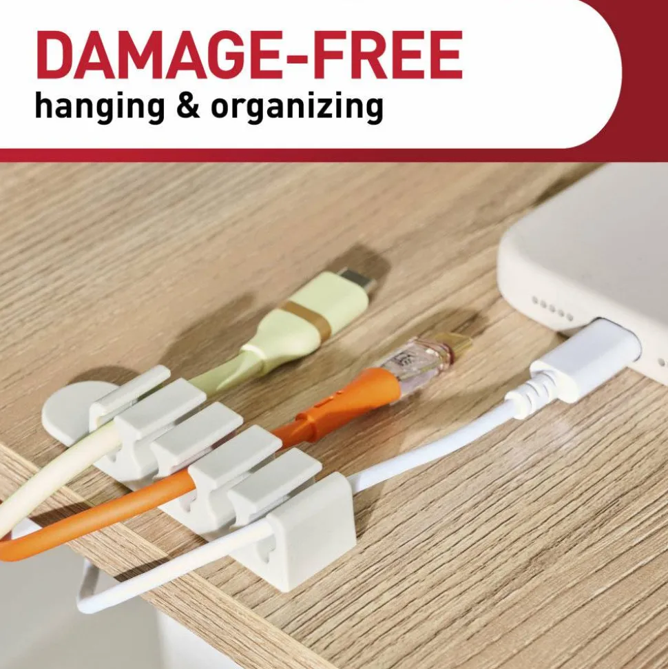 Command 5-Cord Clip Organizer, 4 White Clips, 8 Strips, 1 Clip Holds 5 Charging Cords, Great for Damage-Free Electronics Organization Under Desk
