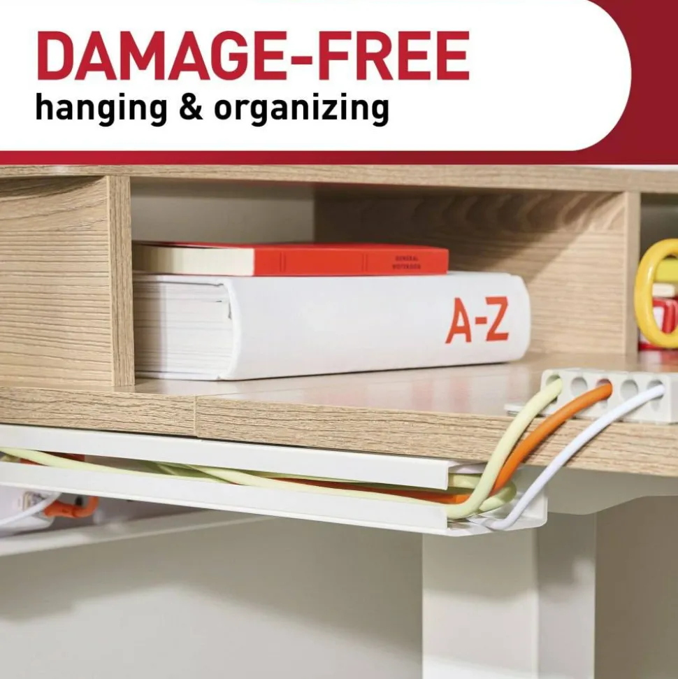 Command Cord Organizer Channel, 1 White Channel, 8 Strips, 10" Cord Storage Space, Great for Damage-Free Electronics Organization Under Desk