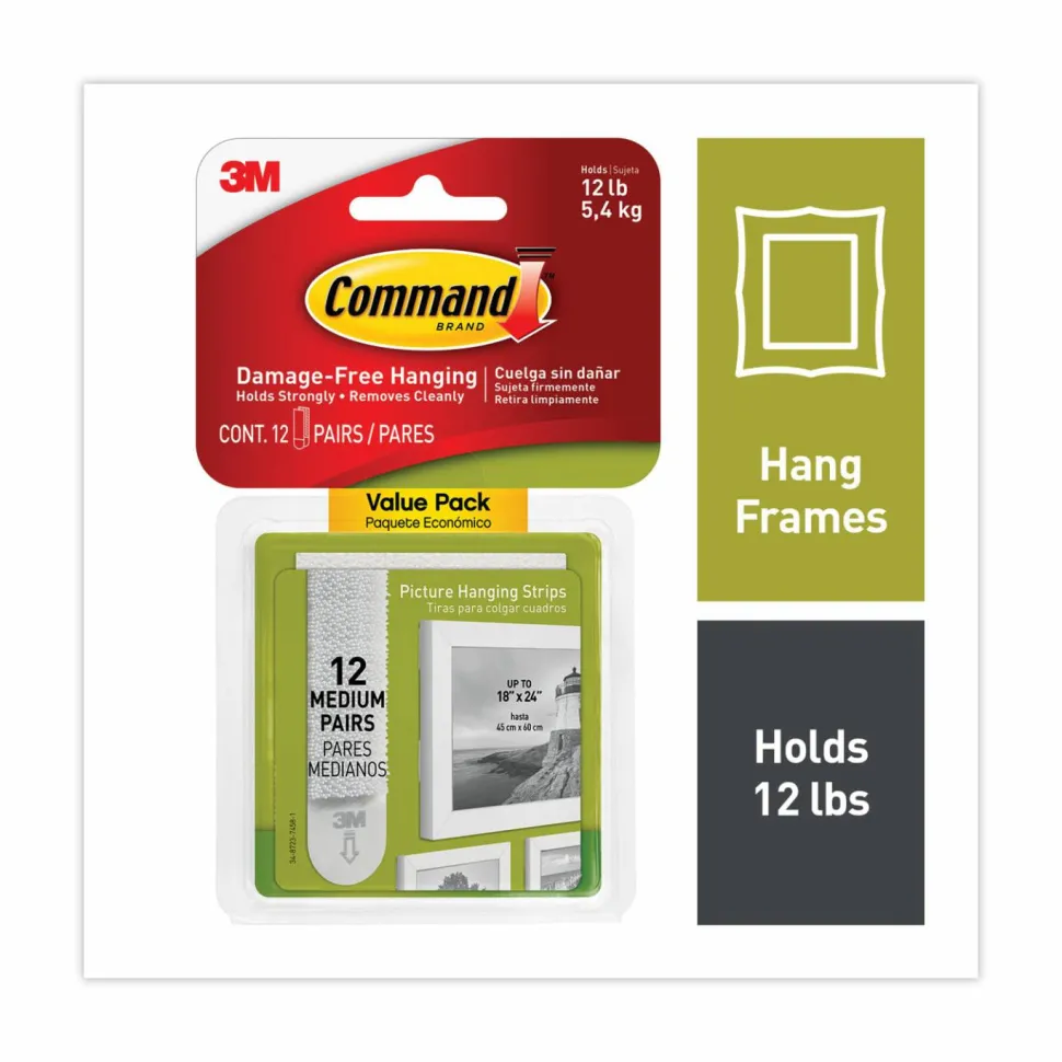 Command Damage-Free Hanging Picture Hanging Strip Pairs, Holds Up to 2.5 lb, Medium: 0.75" x 2.75", White, 12/Pack