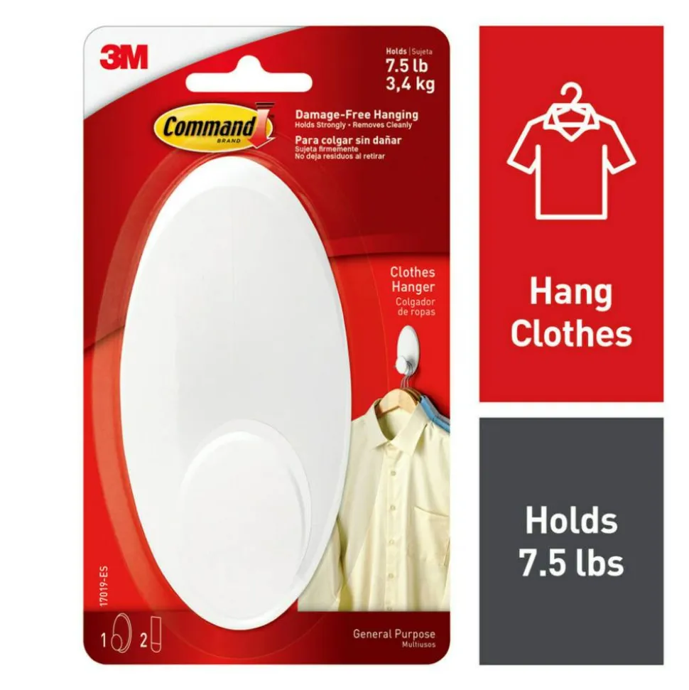 Command Large Clothes Hanger, 1 Hook, 2 White Adhesive Strips, Damage Free Hanging Picture Hangers, No Tools Wall Hanging Strips For Living Spaces