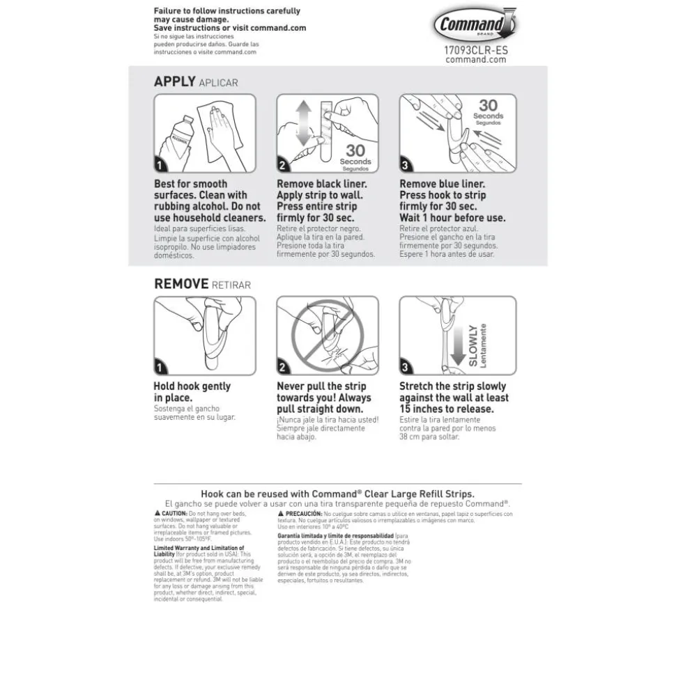 Command Large Hook With Clear Strips, 4 lb (1.81 kg) Capacity, For Decoration, Plastic, Clear, 1 Hook, 2 Strips