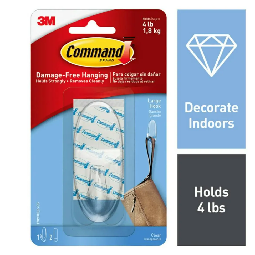 Command Large Hook With Clear Strips, 4 lb (1.81 kg) Capacity, For Decoration, Plastic, Clear, 1 Hook, 2 Strips