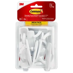 Command Medium Utility Hooks, 20 Hooks, 24 White Adhesive Strips, Damage Free Hanging Picture Hangers, No Tools Wall Hanging Strips For Living Spaces