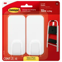 Command X-Large Hooks, 2 Hooks, 6 White Adhesive Strips, Damage Free Hanging Picture Hangers, No Tools Wall Hanging Strips For Living Spaces