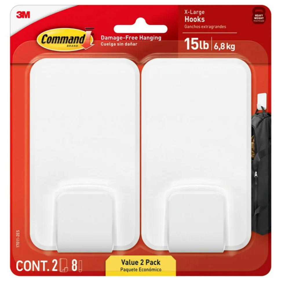 Command X-Large Hooks, 2 Hooks, 8 White Adhesive Strips, Damage Free Hanging Picture Hangers, No Tools Wall Hanging Strips For Living Spaces