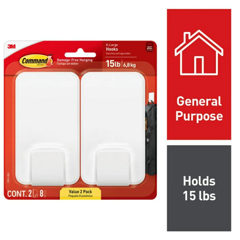 Command X-Large Hooks, 2 Hooks, 8 White Adhesive Strips, Damage Free Hanging Picture Hangers, No Tools Wall Hanging Strips For Living Spaces
