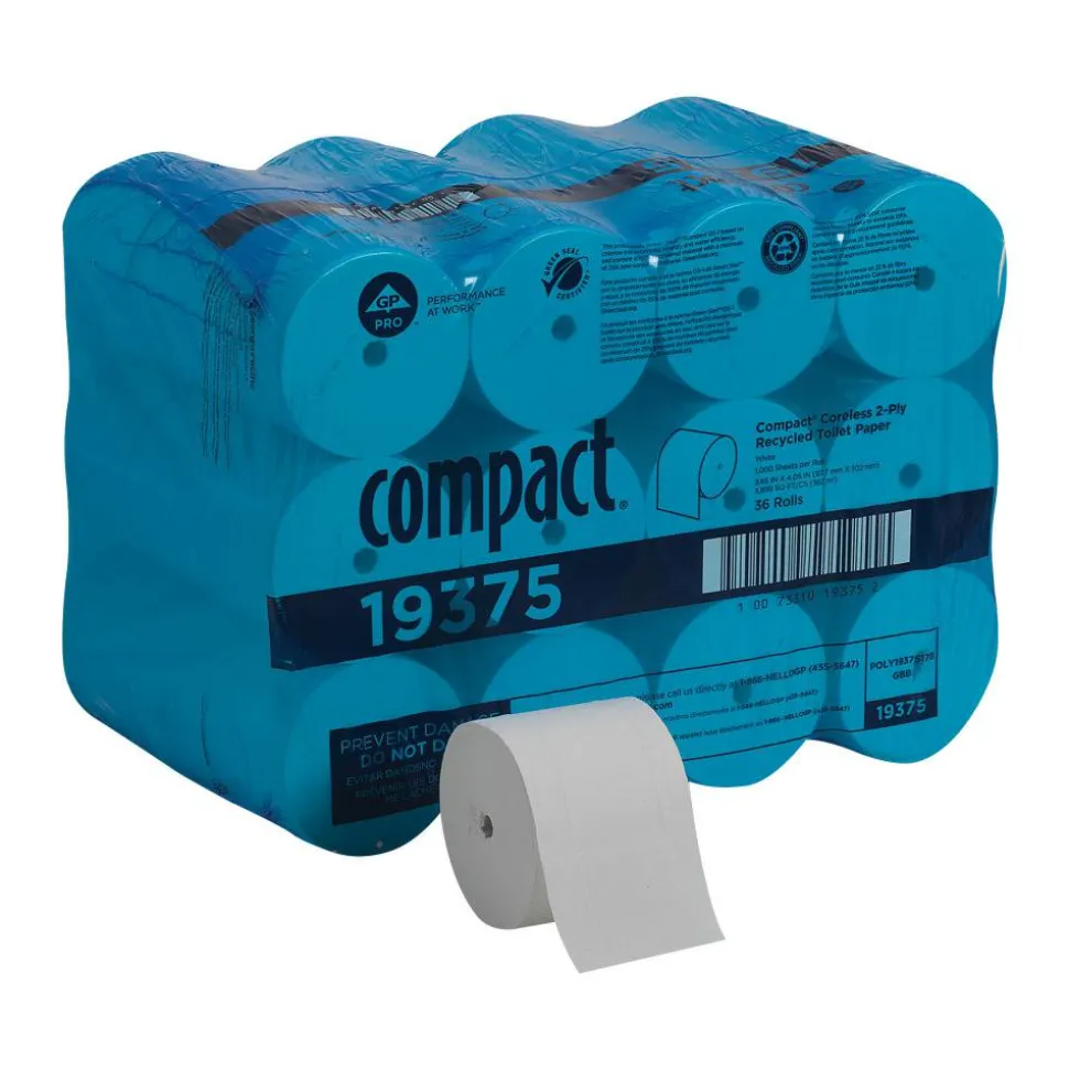 Compact Coreless Toilet Paper, 2-Ply, 4" x 3.8" Sheets, 100% Recycled Fiber, White, 1000 Sheets, 36 Rolls per Case