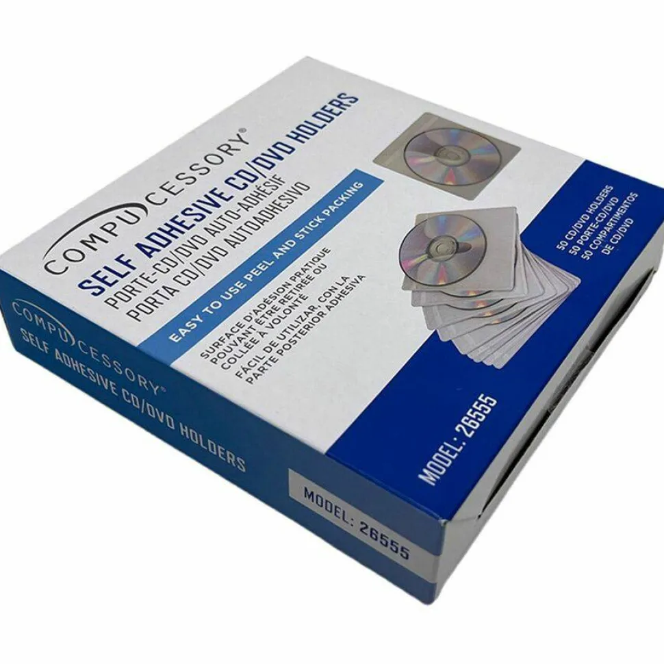 Compucessory Self-Adhesive Poly CD/DVD Holders - 1 x CD/DVD Capacity - White - Polypropylene - 50 / Pack