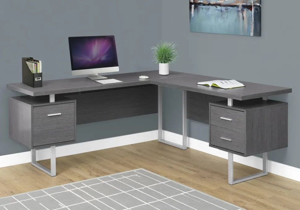 Computer Desk, Home Office, Corner, Left, Right Set-up, Storage Drawers, 70"L, L Shape, Work, Laptop, Grey Laminate, Grey Metal, Contemporary, Modern