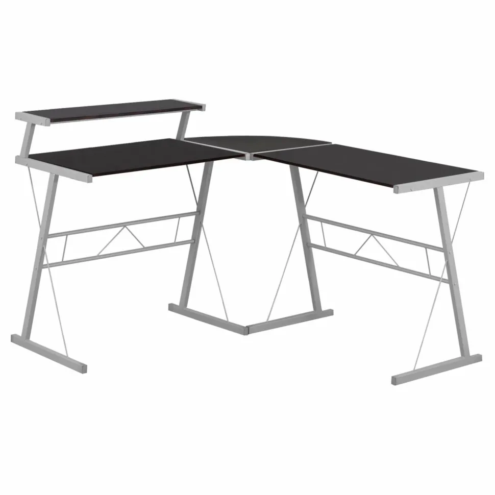 Computer Desk, Home Office, Corner, L Shape, Work, Laptop, Brown Laminate, Grey Metal, Contemporary, Modern