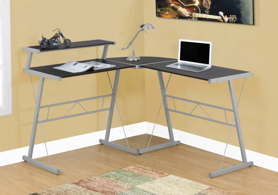 Computer Desk, Home Office, Corner, L Shape, Work, Laptop, Brown Laminate, Grey Metal, Contemporary, Modern