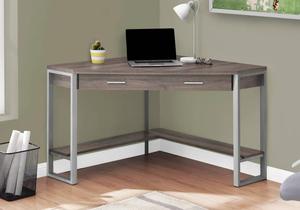 Computer Desk, Home Office, Corner, Storage Drawers, 42"L, Work, Laptop, Brown Laminate, Grey Metal, Contemporary, Modern