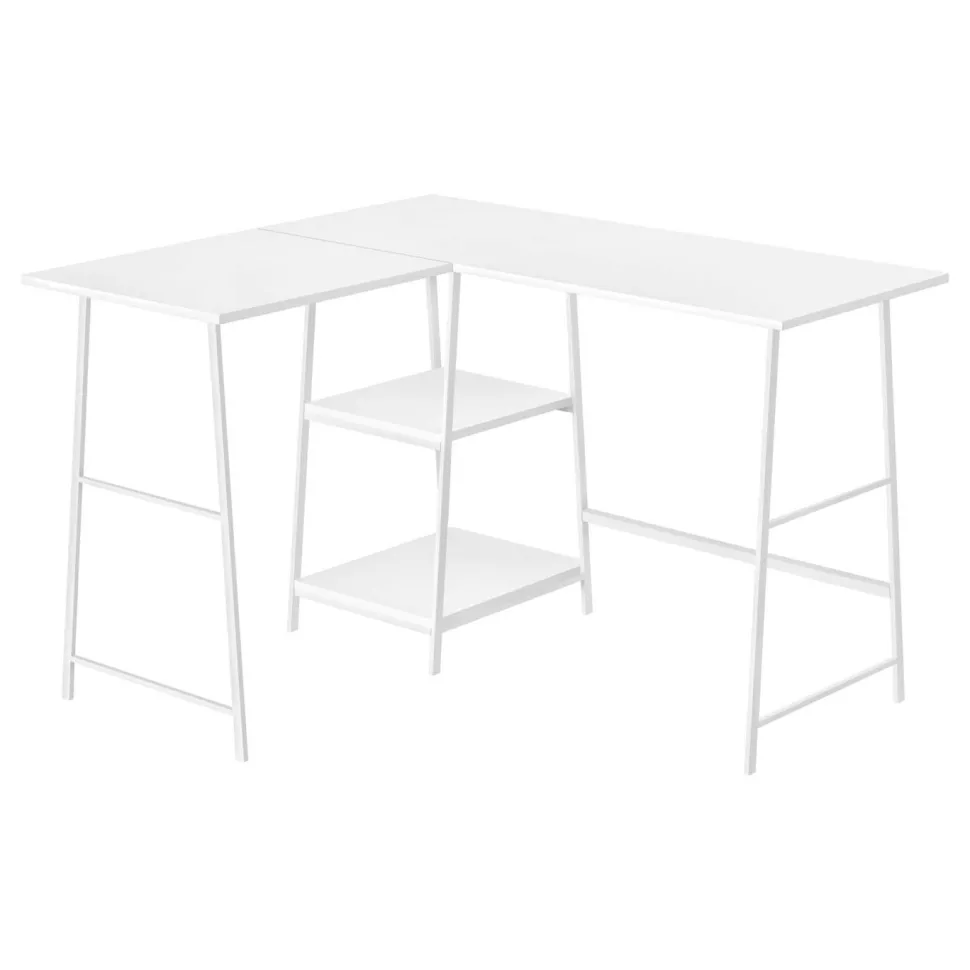 Computer Desk, Home Office, Corner, Storage Shelves, 48"L, L Shape, Work, Laptop, White Laminate, White Metal, Contemporary, Modern