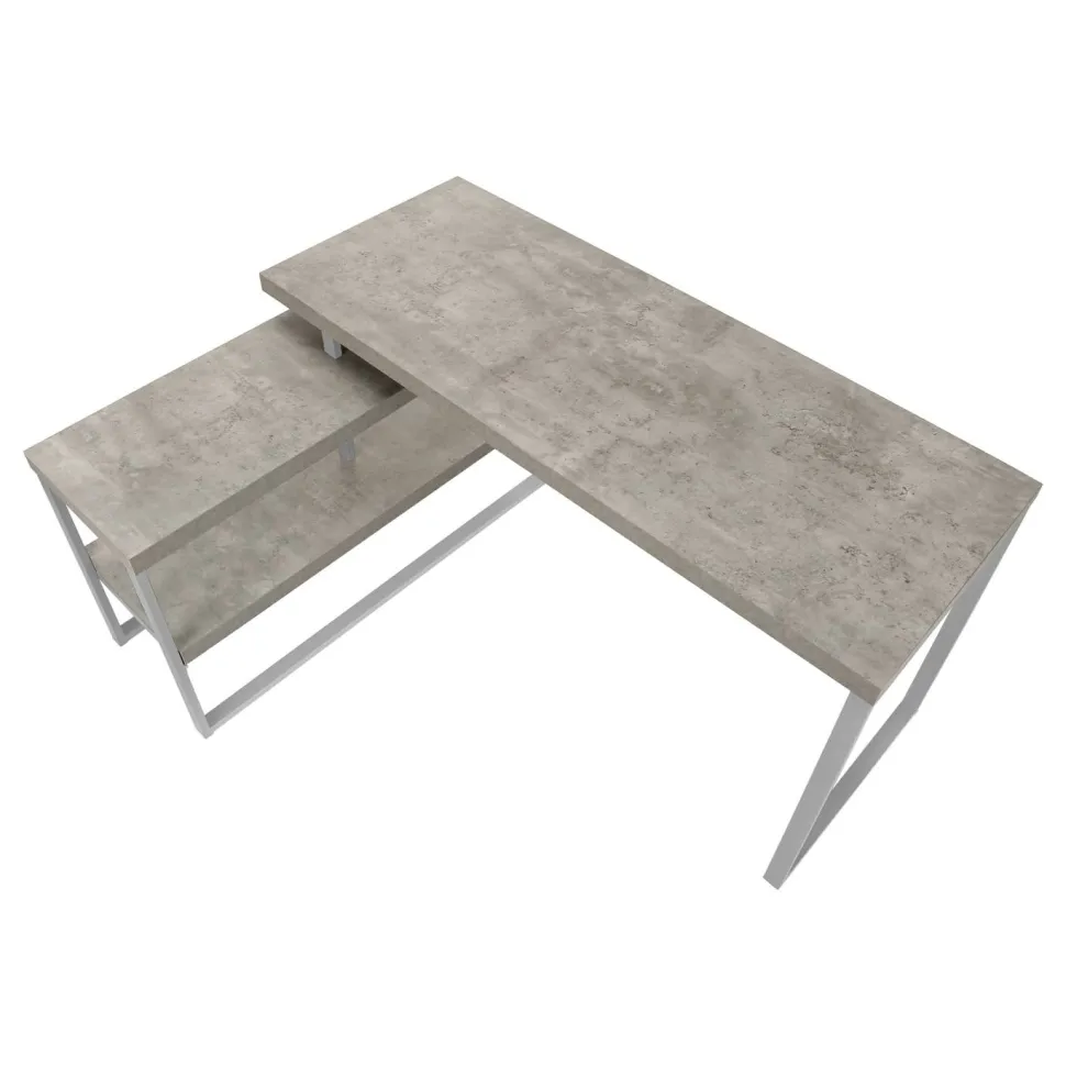 Computer Desk, Home Office, Corner, Left, Right Set-up, Storage Shelves, 60"L, L Shape, Work, Laptop, Grey Concrete Laminate, Silver Metal, Contemporary, Modern