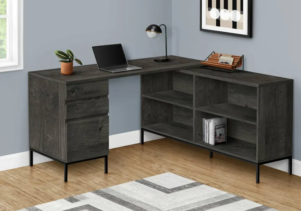 Computer Desk, Home Office, Corner, Storage Drawers, 60"L, L Shape, Work, Laptop, Grey Laminate, Black Metal, Contemporary, Modern