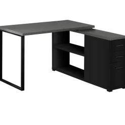 Computer Desk, Home Office, Corner, Left, Right Set-up, Storage Drawers, L Shape, Work, Laptop, Black And Grey Laminate, Black Metal, Contemporary, Modern
