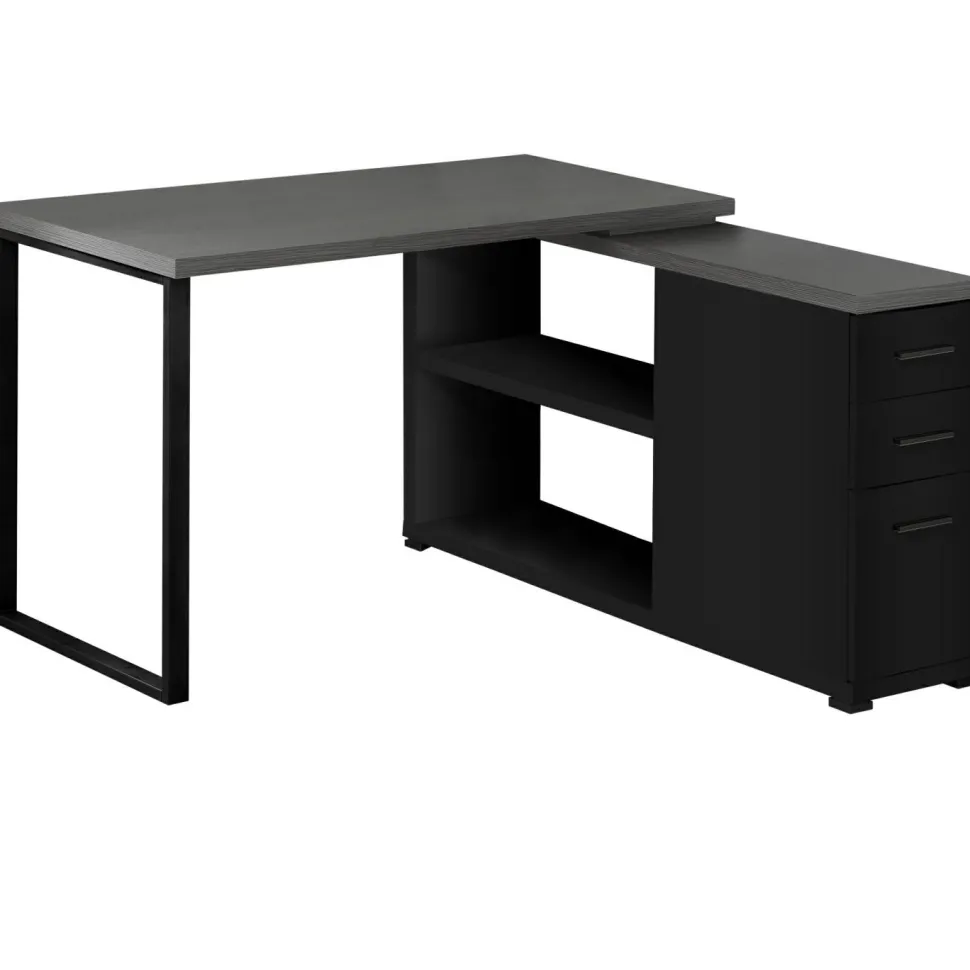 Computer Desk, Home Office, Corner, Left, Right Set-up, Storage Drawers, L Shape, Work, Laptop, Black And Grey Laminate, Black Metal, Contemporary, Modern