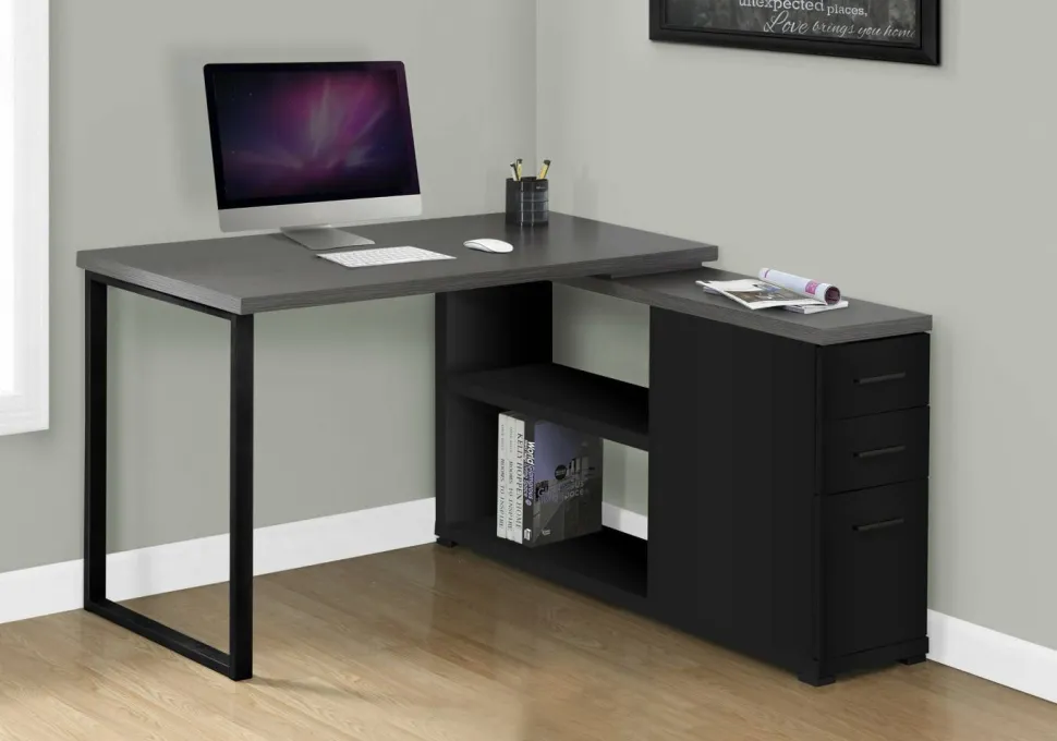Computer Desk, Home Office, Corner, Left, Right Set-up, Storage Drawers, L Shape, Work, Laptop, Black And Grey Laminate, Black Metal, Contemporary, Modern