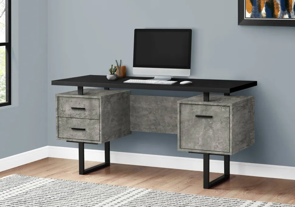 Computer Desk, Home Office, Laptop, Left, Right Set-up, Storage Drawers, 60"L, Work, Black And Grey Concrete Laminate, Black Metal, Contemporary, Modern