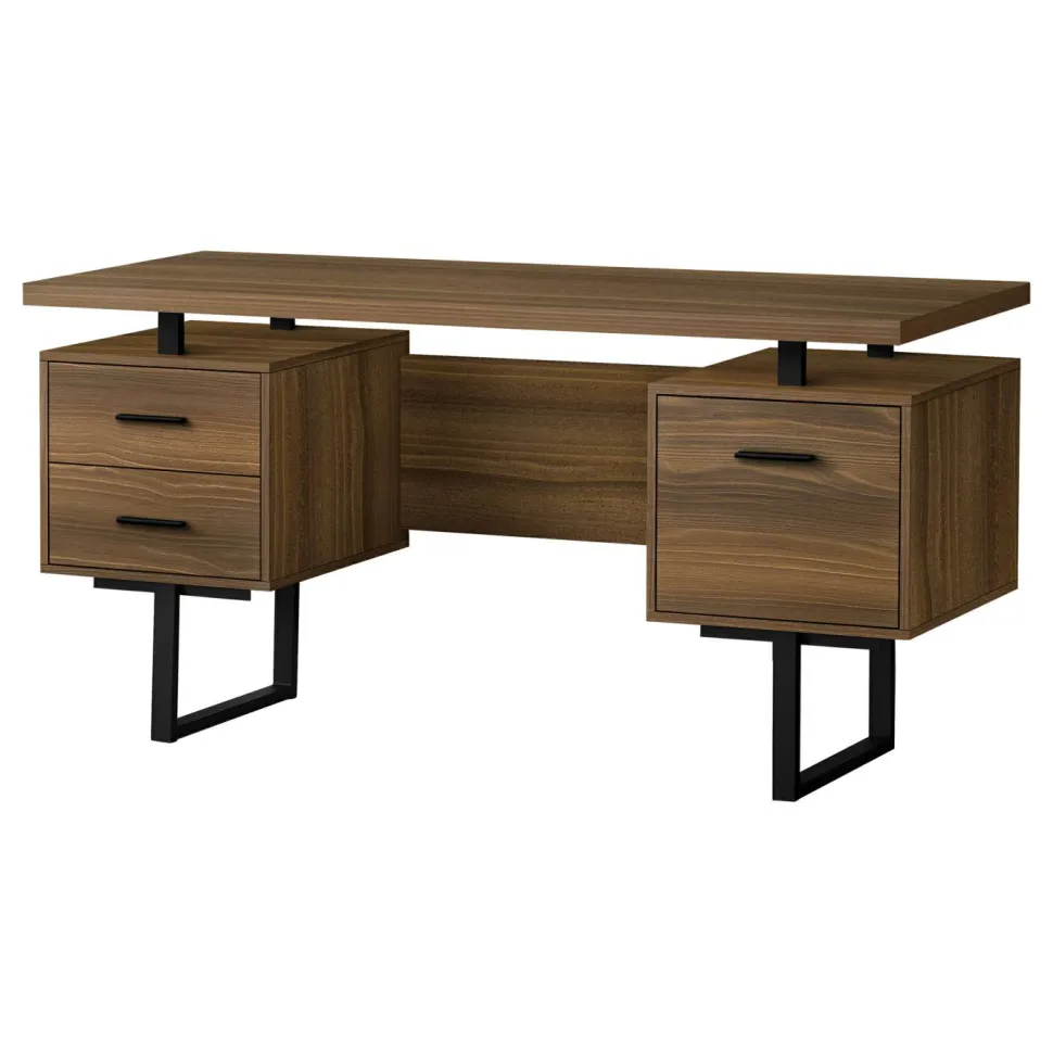 Computer Desk, Home Office, Laptop, Left, Right Set-up, Storage Drawers, 60"L, Work, Walnut Laminate, Black Metal, Contemporary, Modern