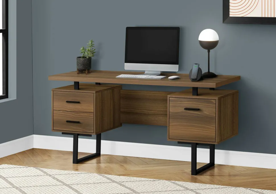 Computer Desk, Home Office, Laptop, Left, Right Set-up, Storage Drawers, 60"L, Work, Walnut Laminate, Black Metal, Contemporary, Modern