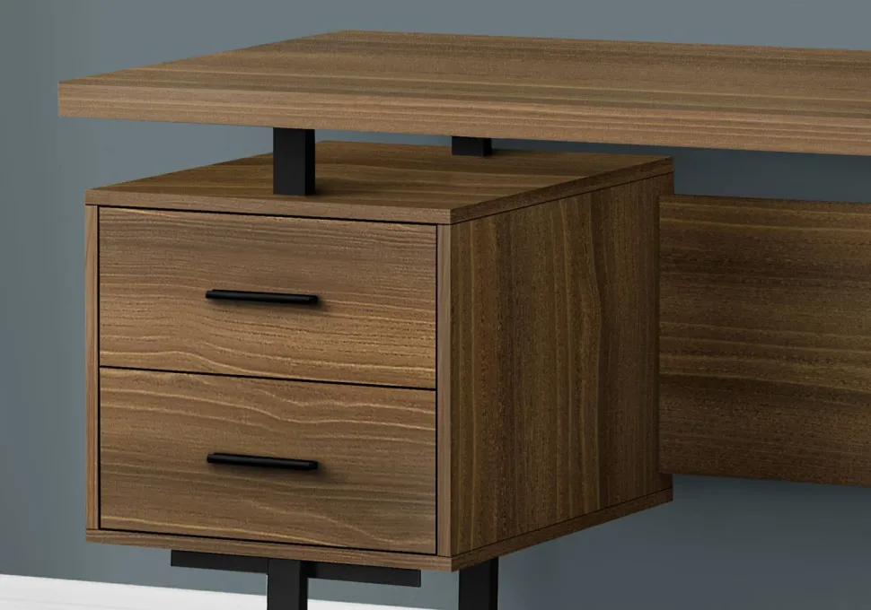 Computer Desk, Home Office, Laptop, Left, Right Set-up, Storage Drawers, 60"L, Work, Walnut Laminate, Black Metal, Contemporary, Modern