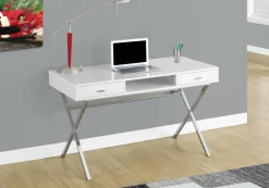 Computer Desk, Home Office, Laptop, Storage Drawers, 48"L, Work, Glossy White Laminate, Chrome Metal, Contemporary, Modern