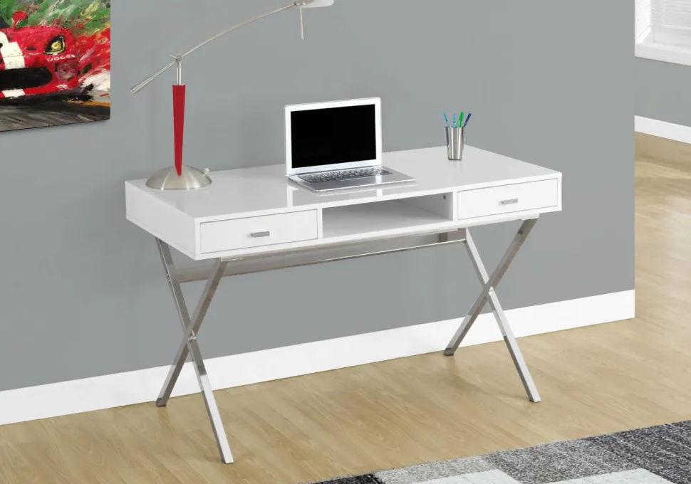 Computer Desk, Home Office, Laptop, Storage Drawers, 48"L, Work, Glossy White Laminate, Chrome Metal, Contemporary, Modern