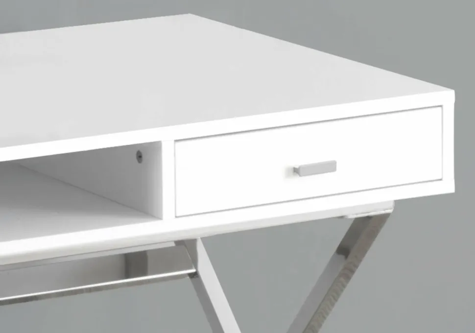 Computer Desk, Home Office, Laptop, Storage Drawers, 48"L, Work, Glossy White Laminate, Chrome Metal, Contemporary, Modern