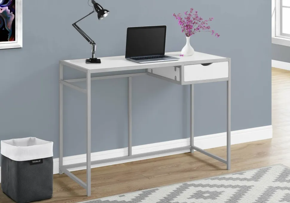 Computer Desk, Home Office, Laptop, Storage Drawer, 42"L, Work, White Laminate, Black Metal, Contemporary, Modern