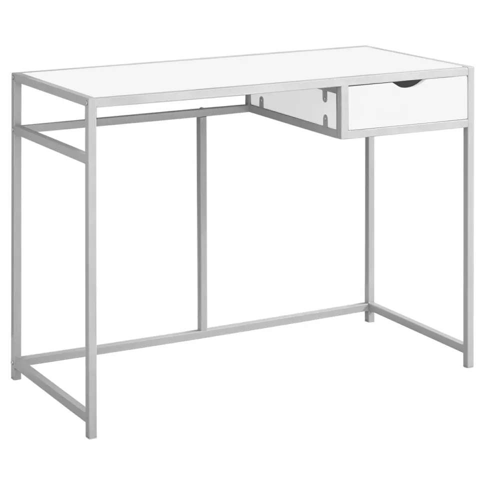 Computer Desk, Home Office, Laptop, Storage Drawer, 42"L, Work, White Laminate, Black Metal, Contemporary, Modern
