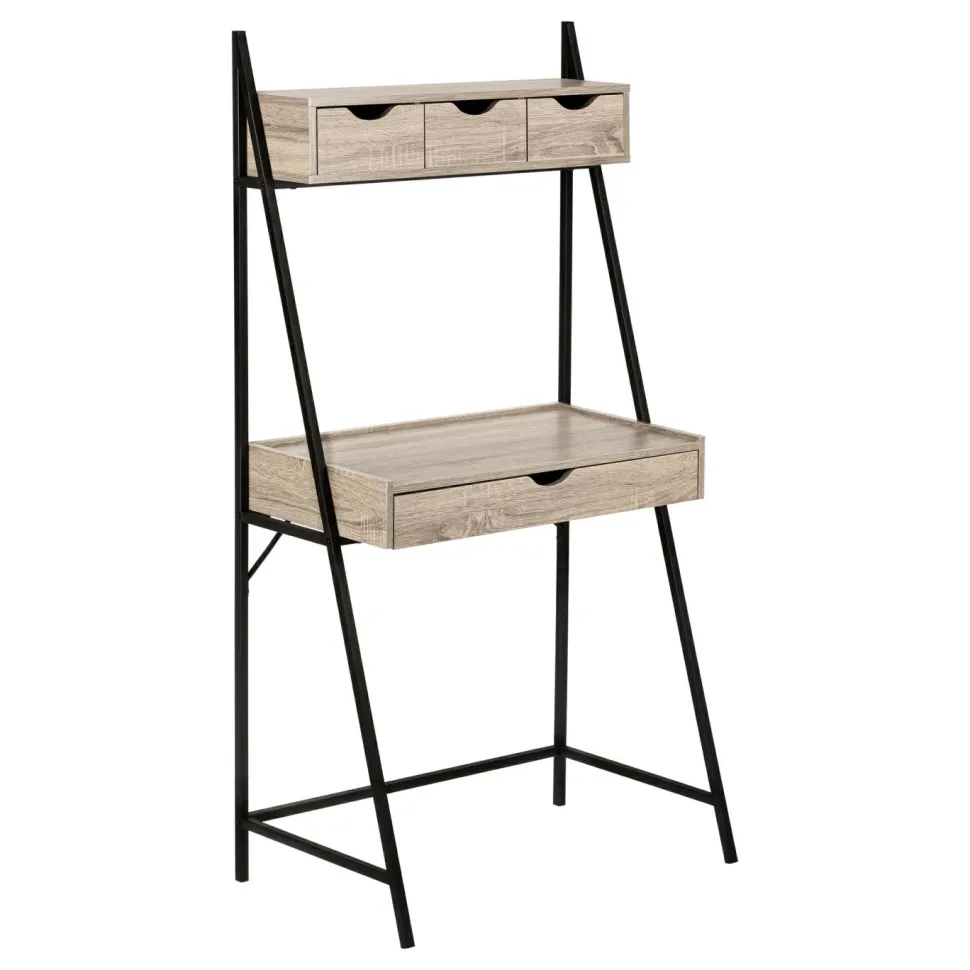 Computer Desk, Home Office, Laptop, Leaning, Storage Drawers, 32"L, Work, Brown Laminate, Black Metal, Contemporary, Modern