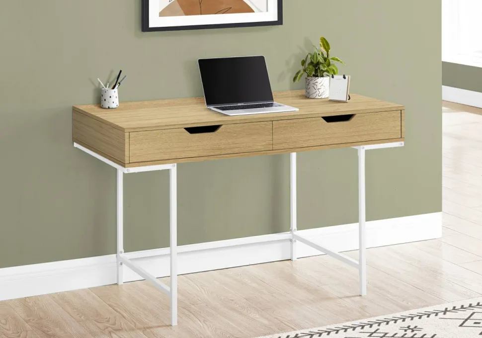 Computer Desk, Home Office, Laptop, Storage Drawers, 48"L, Work, Natural Laminate, White Metal, Contemporary, Modern