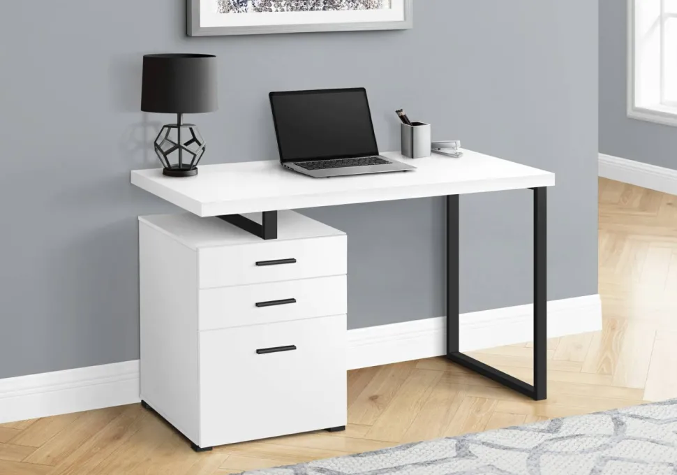 Computer Desk, Home Office, Laptop, Left, Right Set-up, Storage Drawers, 48"L, Work, White Laminate, Black Metal, Contemporary, Modern