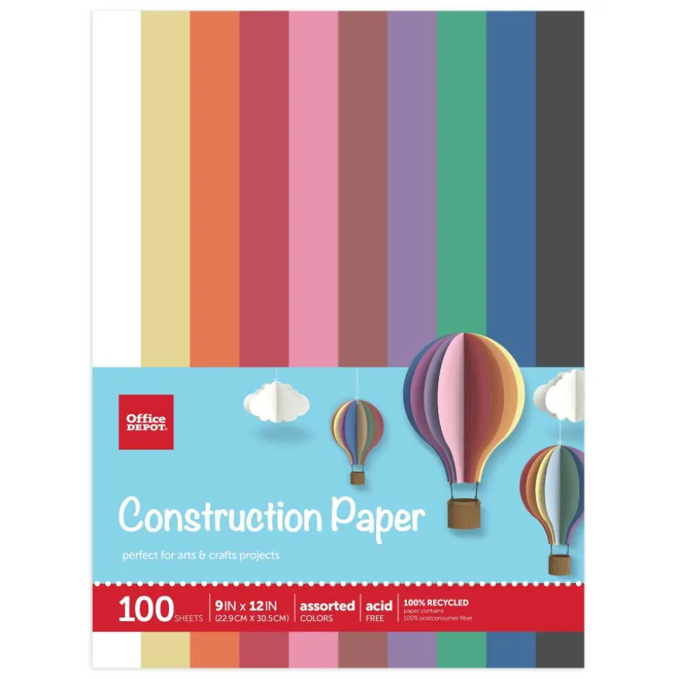 Construction Paper, 9" x 12", 100% Recycled, Assorted Colors, Pack Of 100 Sheets
