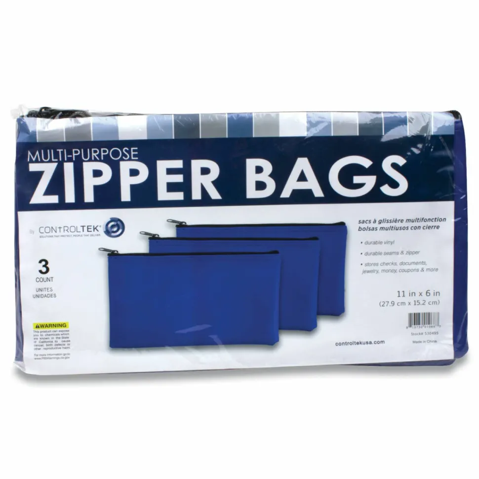 CONTROLTEK Fabric Deposit Bag, Vinyl, 5.5" x 11", Blue, 3/Pack