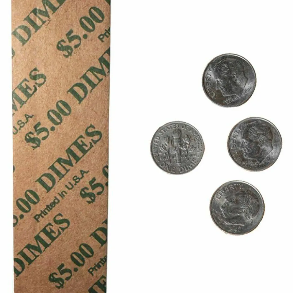 CONTROLTEK Flat Tubular Coin Wrap, Dimes, Green/White, 1,000/Box