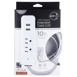 Cordinate 4-Outlet 16-Gauge USB Extension Cord With Surge Protection, 10', Gray/White