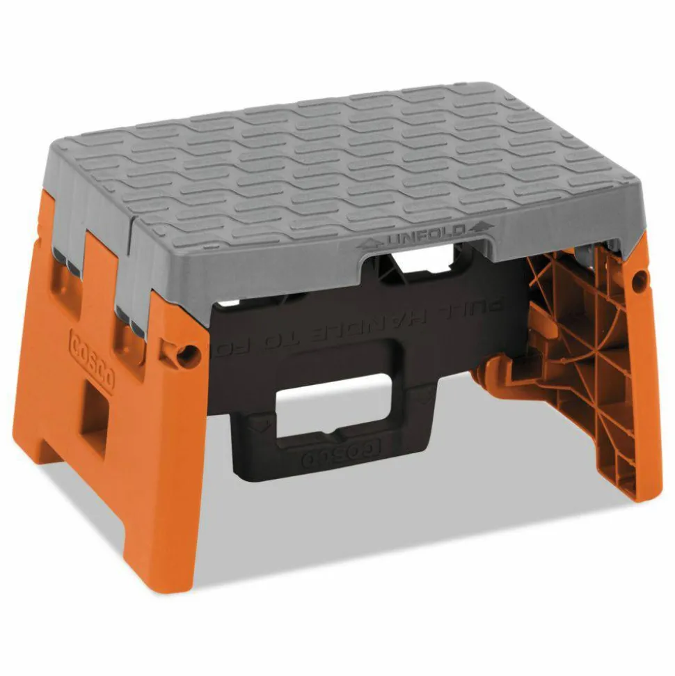 Cosco Folding Step Stool, 1-Step, 300 lb Capacity, 8.5" Working Height, Orange/Gray