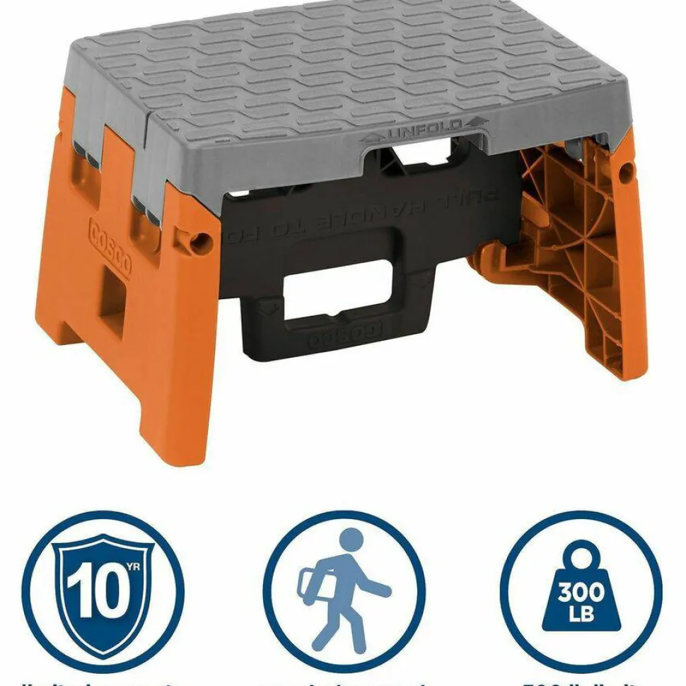 Cosco Folding Step Stool, 1-Step, 300 lb Capacity, 8.5" Working Height, Orange/Gray